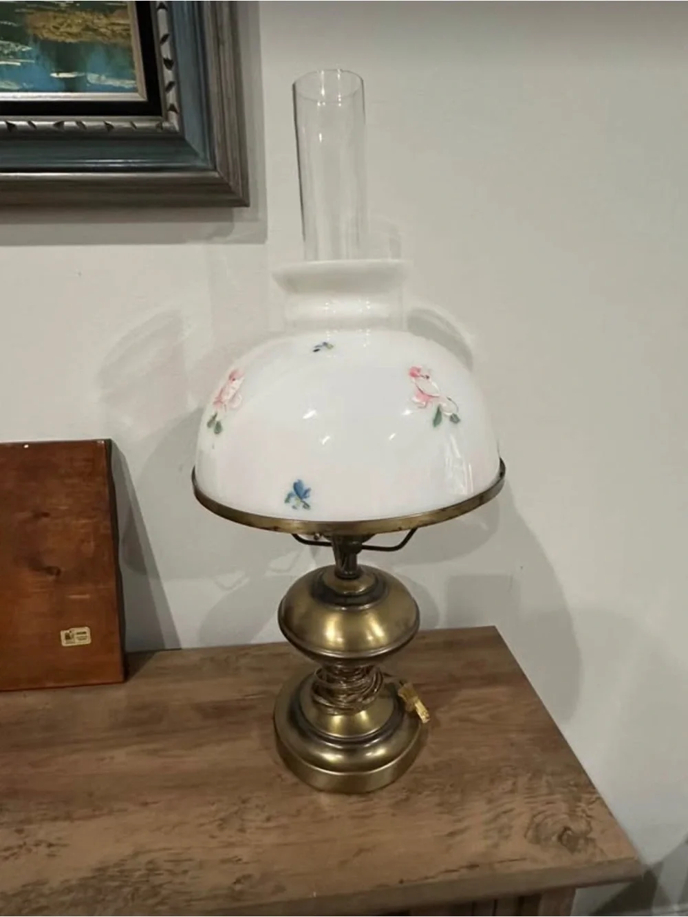 Vintage! Hurricane Electric 3 way Switch Milk Brass Lamp 🪔 With Glass Chimney!
